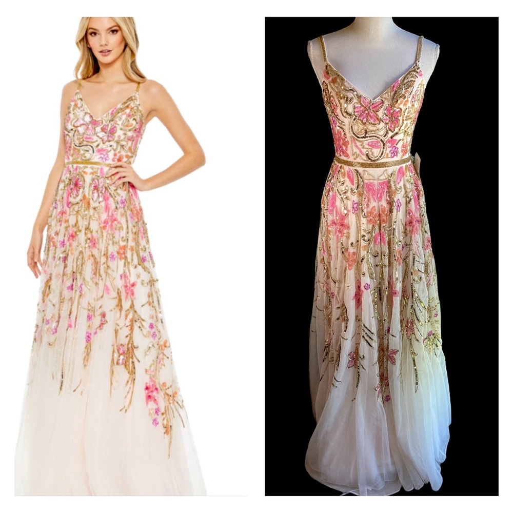 NWT INCREDIBLE Mac Duggal V Neck Floral Sequin Spaghetti Strap Gown. B282